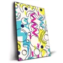 90s abstract pattern with shapes and fluid lines in bright yellow, pink, and blue hues.