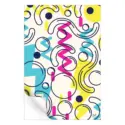 Playful abstract pattern with bold geometric shapes and fluid lines in bright yellow, magenta, and cyan hues.