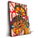 Skeleton mariachi in colorful traditional attire playing a guitar against a vibrant red and white background.