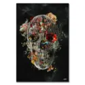 Skull formed by white cage-like lines filled with flowers against a dark background.