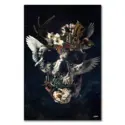 Skull created from a collage of sculptures, flowers, birds, and various objects against a dark background.