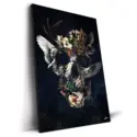 Collage skull created from sculptures, flowers, birds, and various objects against a dark background.