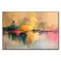 Warm gold and orange hues blend into vibrant reds and blues, with mirrored reflections.
