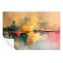 Warm gold tones blend into vibrant reds and blues, with mirrored reflections.