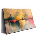 Warm gold and orange tones blend into vibrant reds and blues, with mirrored reflections.