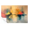 Abstract gold and orange tones blend into deep reds, blues, and teals, creating depth and balance.