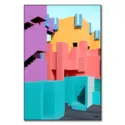 Colorful architectural forms in turquoise, pink, yellow, and purple, forming a vibrant cityscape.