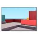 Liminal terrace with red, blue, and yellow walls overlooking the sea, showcasing minimalist design.
