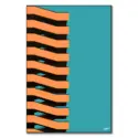 Building with bold orange and black zigzag bands against a teal background.
