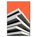 Modern white layered building with a vibrant orange background and minimalist design.