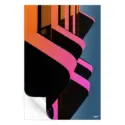 City balconies with pink and orange overlapping elements and deep shadows.