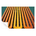 Building facade with vertical orange and yellow stripes.