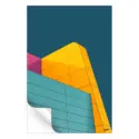 Modern architecture with bold teal, yellow, and pink colors against a blue background.