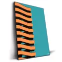 Vibrant building with bold orange and black zigzag bands against a teal background.