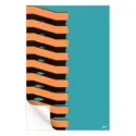 Bright building with bold orange and black zigzag bands against a teal background.