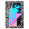 Artwork with zebra print, geometric shapes, and neon brushstrokes, blending retro pop art with modern design elements.