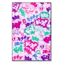 Colorful comic book-style exclamations and symbols on a light pink background.