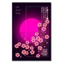 Cherry blossoms on dark branches with a neon magenta sun, and retro Japanese text elements.