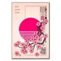 Sakura blossoms on dark branches with a pastel background, bold magenta sun, and retro Japanese text elements.