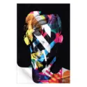 Abstract portrait with a colorful silhouette against a dark background, featuring and dynamic patterns.