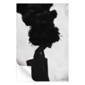 Portrait of a silhouette with a cloud-like black hairstyle against a gray background.