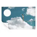 Figure on a diving board against a blue sky with white clouds and a large white circle.
