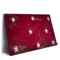 distressed white stars on a bold red background, combining rustic charm with a classic Americana feel.