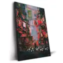 Abstract city painting of a boy feeding white birds amidst a colorful urban landscape.