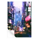 Colorful urban artwork of Miles Morales leaping through a neon-lit cityscape.