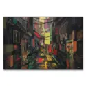 Colorful abstract city street painting with geometric shapes and vibrant colors representing urban life.