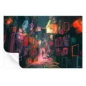 Dynamic vibrant city traveler painting featuring silhouettes amidst colorful skyscrapers and bustling street life.