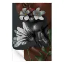 Black and white painting of a woman with floral designs, showcasing intricate details and contrast.