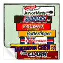 Fun artwork featuring classic candy bar wrappers, including Snickers and Butterfinger.