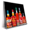 Artwork showcasing a collection of premium bourbon bottles, including Buffalo Trace and Stagg.