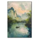 A tranquil Asian river landscape painting with calm waters reflecting greenery and mountains in the background.