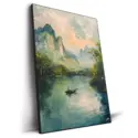 A tranquil Asian river landscape painting with calm waters reflecting greenery and mountains in the background.