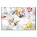 An abstract floral painting featuring a mix of colors and shapes, creating a vibrant and expressive artwork.