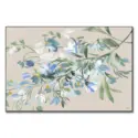 Blue and white floral watercolor painting on a tan background, featuring soft colors and delicate details.