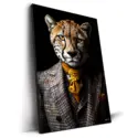 A cheetah in a plaid suit and spotted tie, with intense eyes and distinct fur patterns, set against a black background.