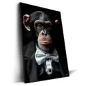 A chimpanzee in a tuxedo with a bow tie, displaying detailed facial features, set against a black background.