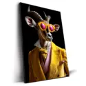 A kudu in a yellow suit and pink sunglasses, with distinctive horns, set against a black background.