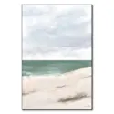 Abstract coastal scene with soft blues, greens, and beige tones, depicting a peaceful ocean meeting a sandy shore under a calm sky.