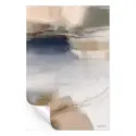 Abstract artwork with soft beige, gold, and navy tones. Fluid brush strokes and abstract forms create a calm, dynamic composition.