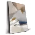 Abstract artwork with soft beige, gold, and navy tones. Fluid brush strokes and abstract forms create a calm, dynamic composition.