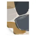 Abstract artwork with bold navy, golden beige, and soft gray brushstrokes arranged in a dynamic, fluid composition.