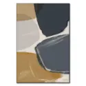 Abstract artwork with bold navy, golden beige, and soft gray brushstrokes arranged in a dynamic, fluid composition.