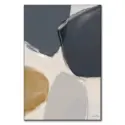 Abstract artwork with smooth blending of navy, beige, and gray hues, forming soft organic shapes and a harmonious flow.