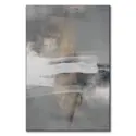 Abstract artwork with sweeping white brushstrokes over a textured gray and blue background, accented with metallic gold for depth and contrast.