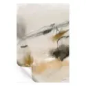 Abstract art featuring soft beige, tan, and gray tones with flowing lines and contrasting dark accents.