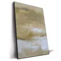 Abstract artwork with a soft beige background, subtle textures, and delicate gold lines creating flowing movement across the canvas.